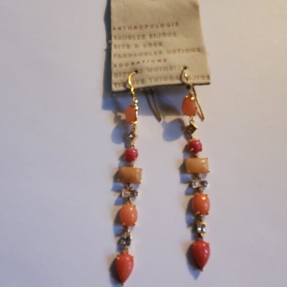 Anthropologie gold over Brass Linear pink/rose Stone drop earrings 3" In Length - Picture 2 of 7